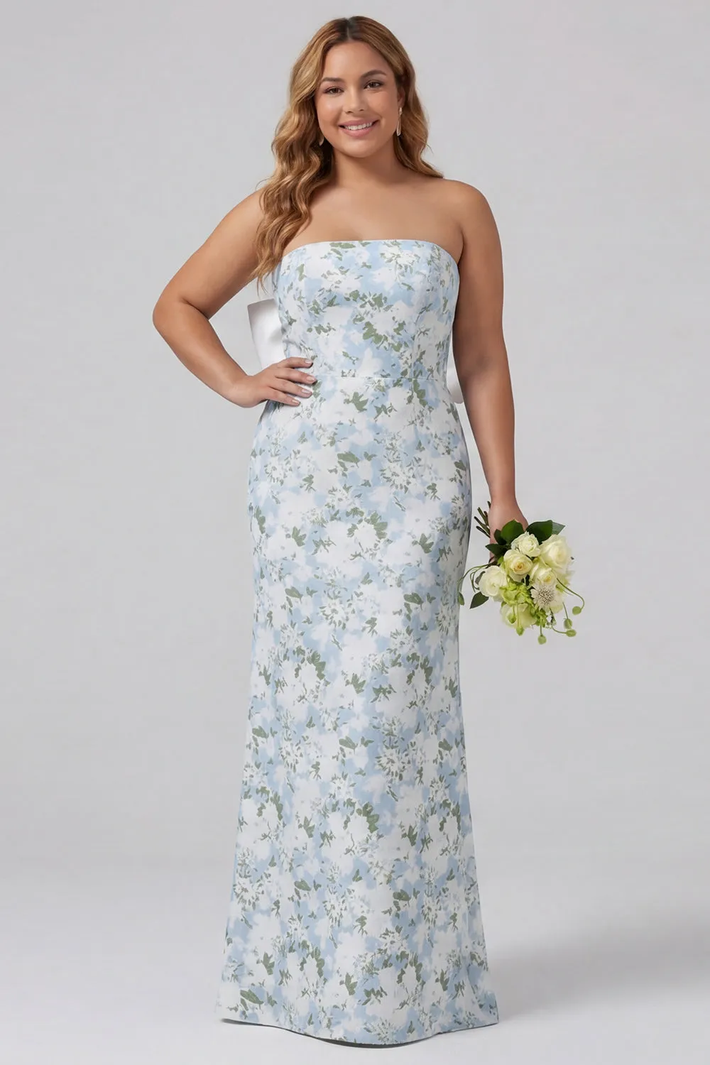 Blue White Flower Sheath Strapless Satin Long Plus Size Bridesmaid Dress with Back Bow sold by Wedtrend