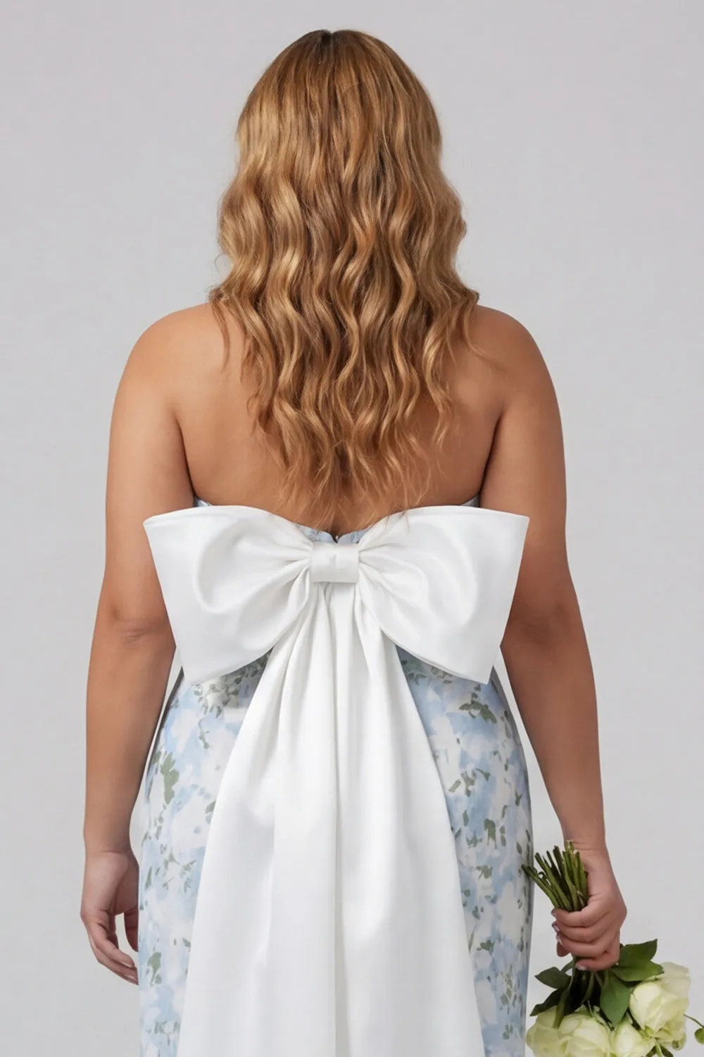 Blue White Flower Sheath Strapless Satin Long Plus Size Bridesmaid Dress with Back Bow sold by Wedtrend product image thumbnail 5