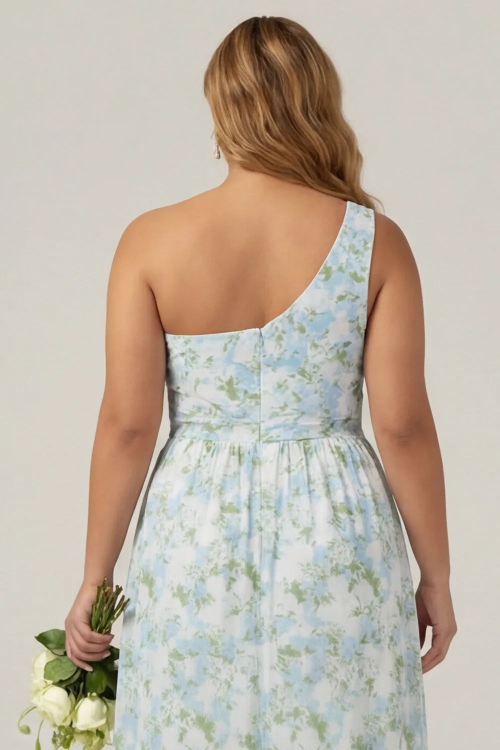 One Shoulder Blue White Flower Print Sheath Long Plus Size Bridesmaid Dress with Slit sold by Wedtrend product image thumbnail 5