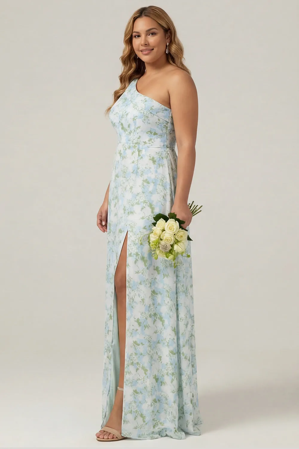One Shoulder Blue White Flower Print Sheath Long Plus Size Bridesmaid Dress with Slit sold by Wedtrend product image thumbnail 3