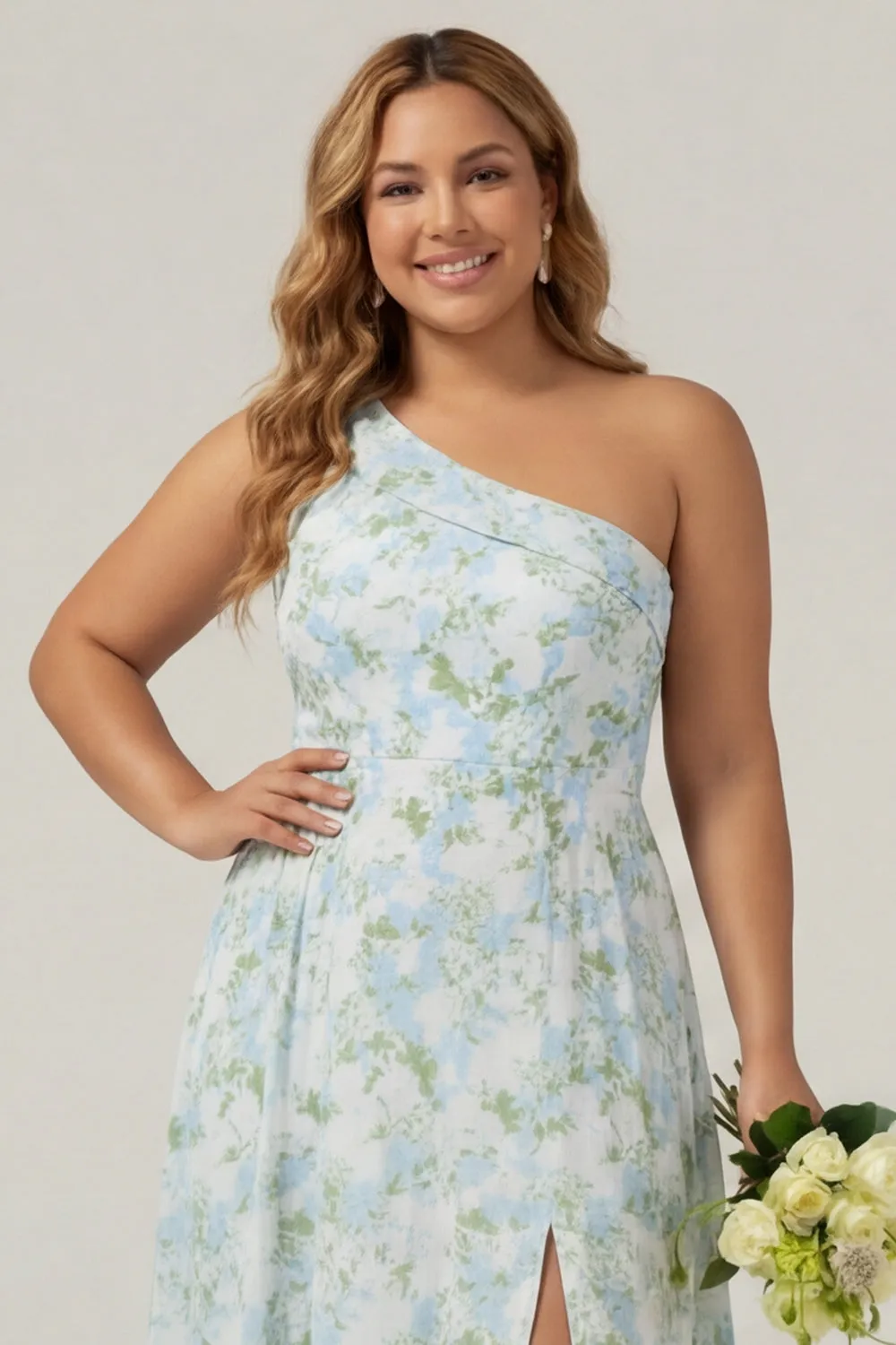 One Shoulder Blue White Flower Print Sheath Long Plus Size Bridesmaid Dress with Slit sold by Wedtrend product image thumbnail 4