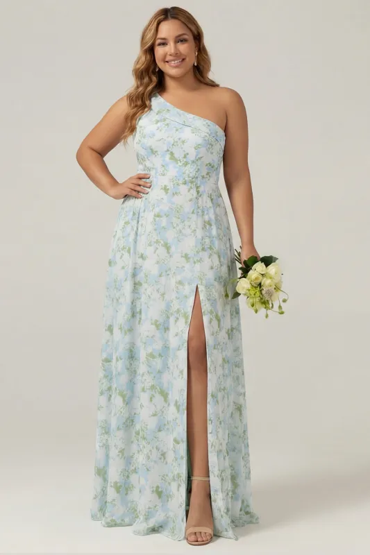 One Shoulder Blue White Flower Print Sheath Long Plus Size Bridesmaid Dress with Slit made by Wedtrend