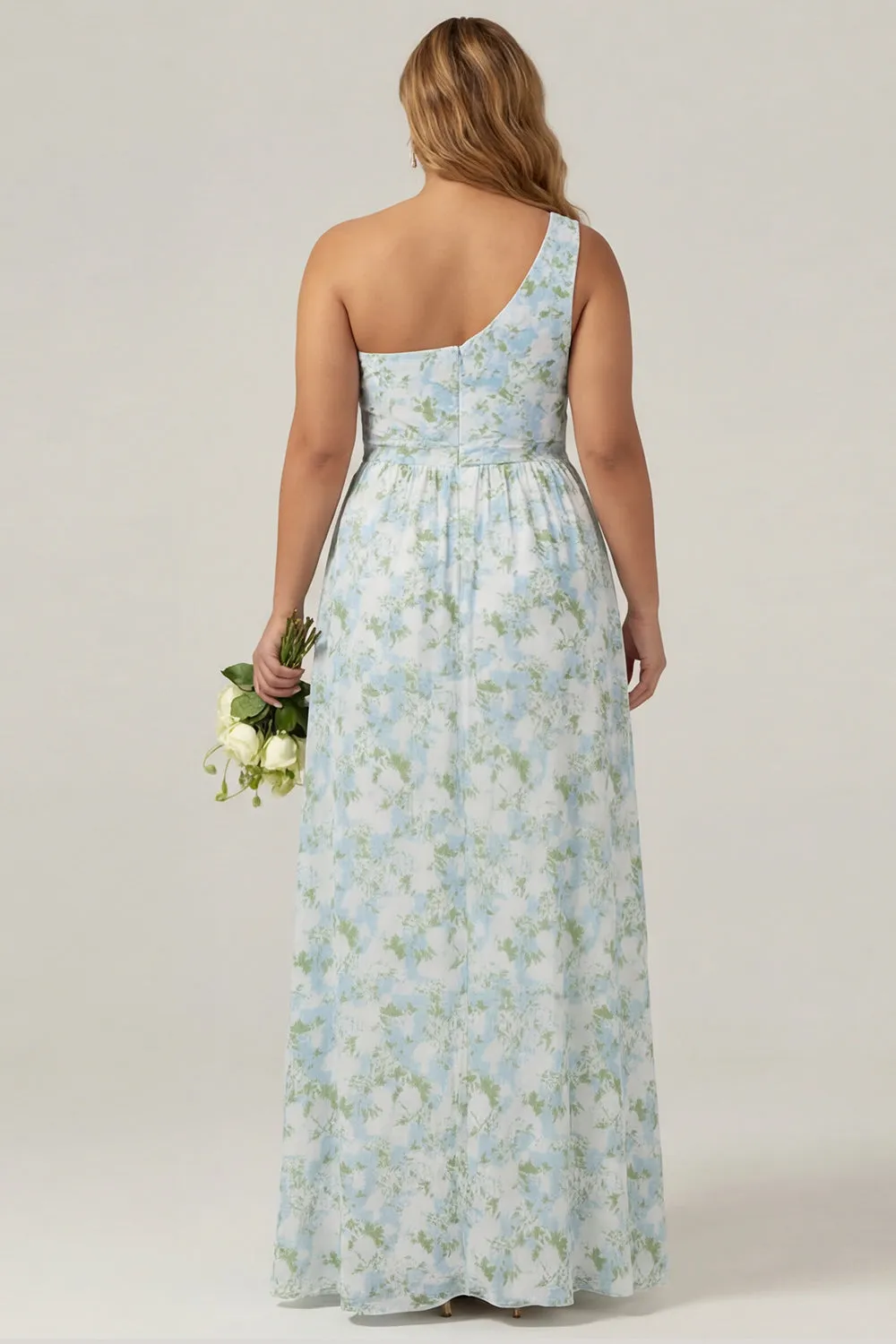 One Shoulder Blue White Flower Print Sheath Long Plus Size Bridesmaid Dress with Slit sold by Wedtrend product image thumbnail 2