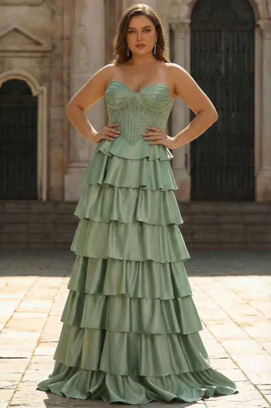 Green Princess Sweetheart Satin Tiered Corset Long Plus Size Prom Dress with Slit made by Wedtrend