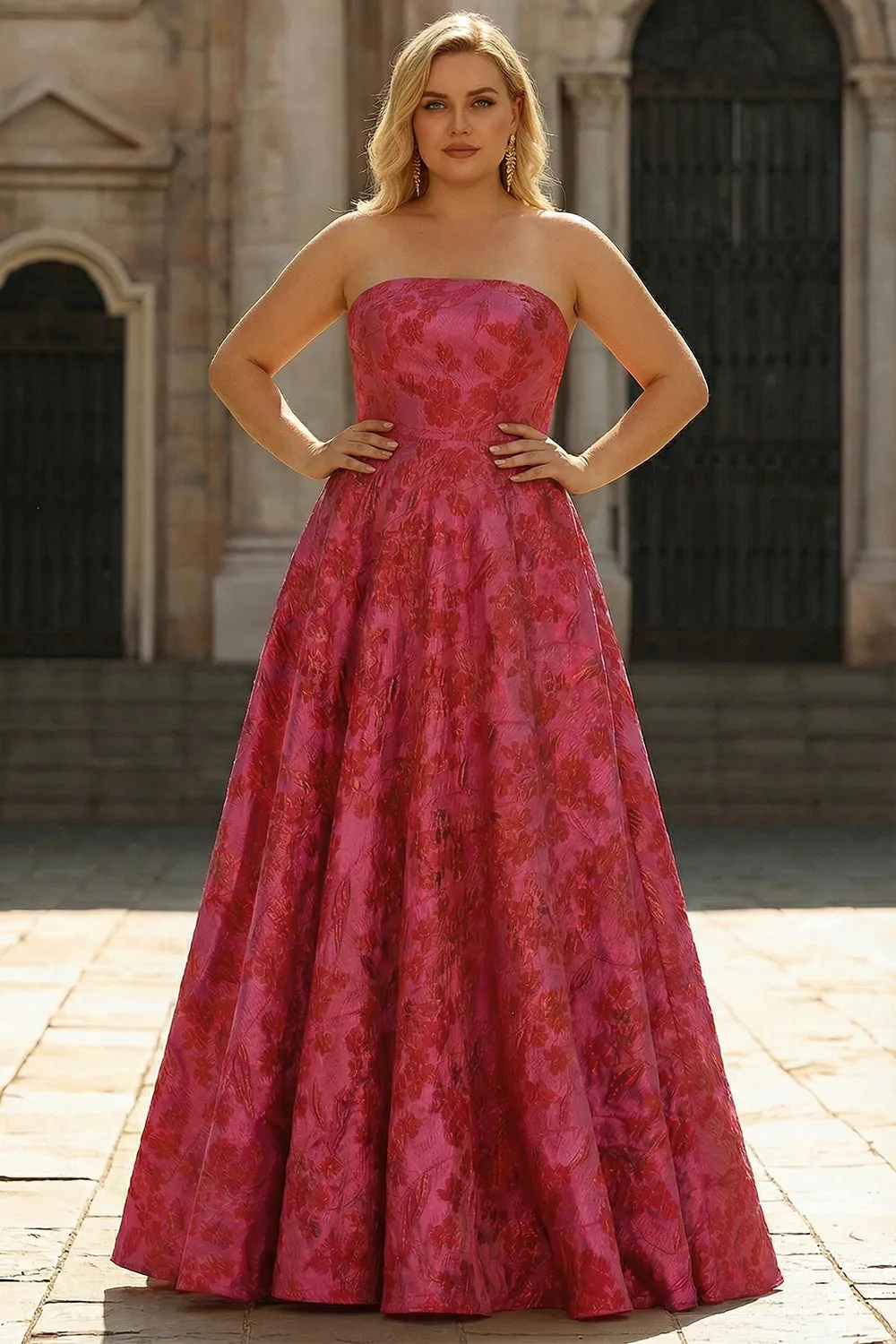 Fuchsia Floral A Line Strapless Brocade Long Plus Size Prom Dress with Slit sold by Wedtrend