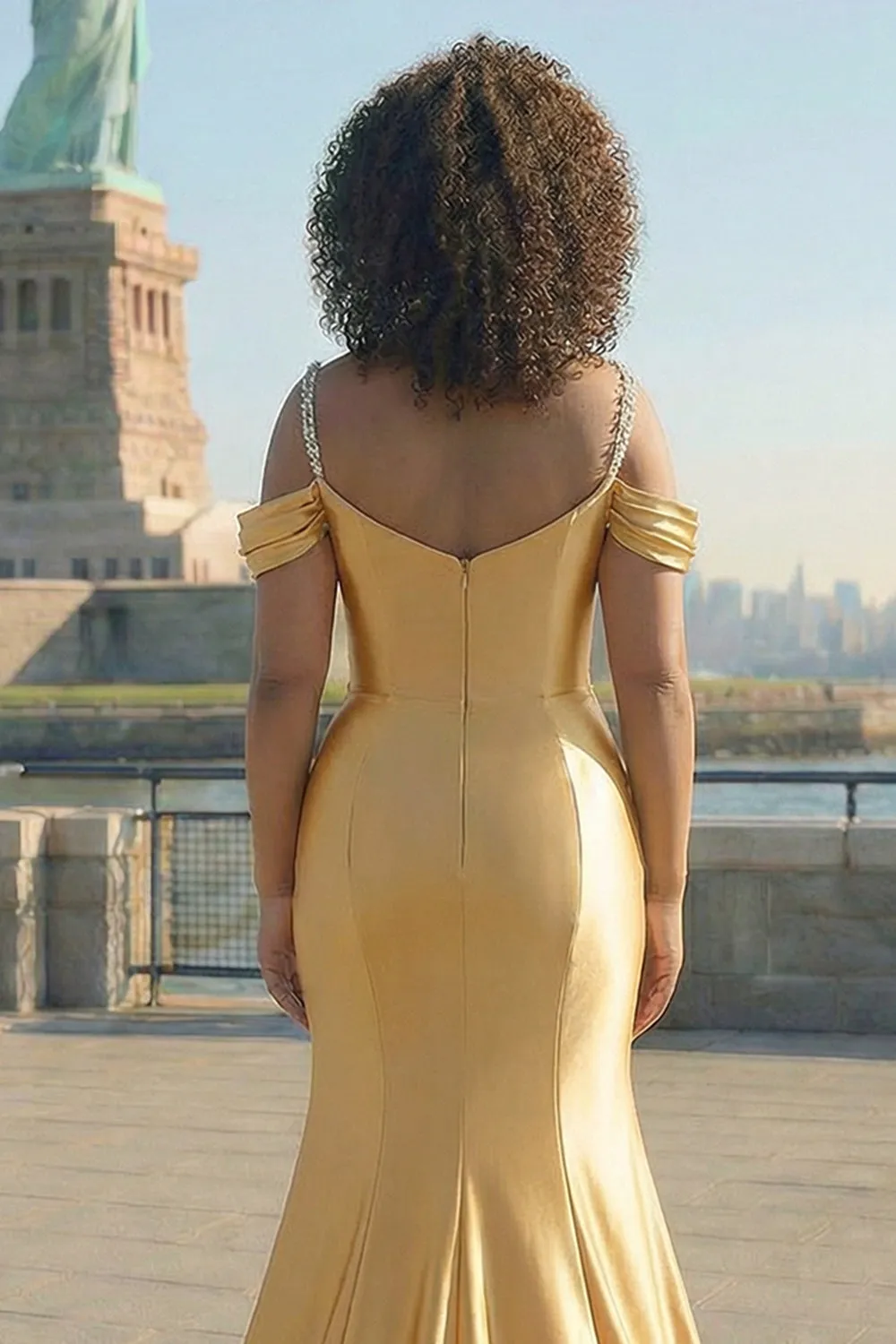 Sparkly Golden Mermaid Cold Shoulder Pleated Long Plus Size Prom Dress With Sequins sold by Wedtrend product image thumbnail 4