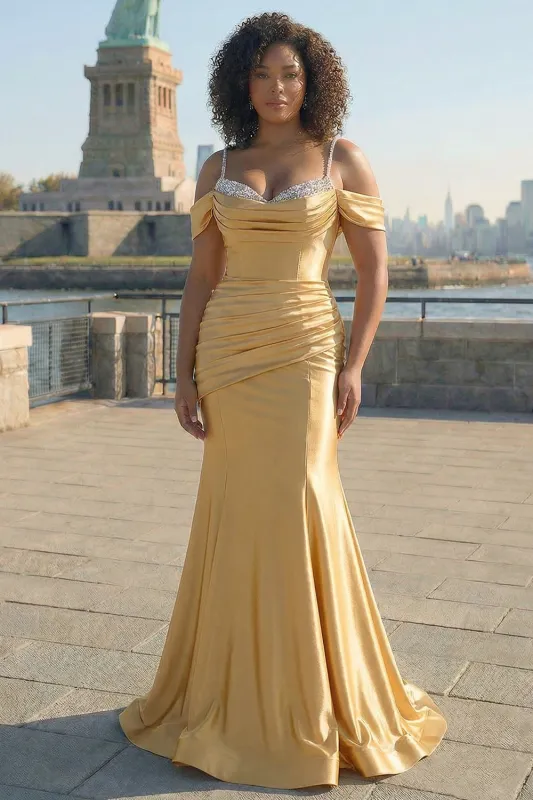 Sparkly Golden Mermaid Cold Shoulder Pleated Long Plus Size Prom Dress With Sequins made by Wedtrend