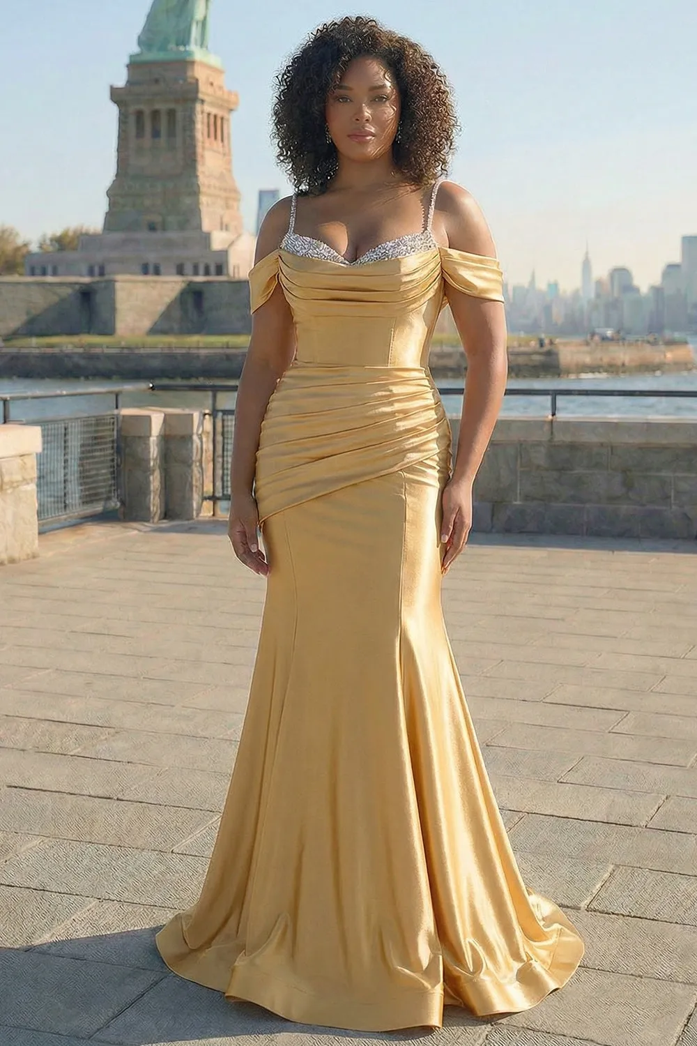 Sparkly Golden Mermaid Cold Shoulder Pleated Long Plus Size Prom Dress With Sequins sold by Wedtrend