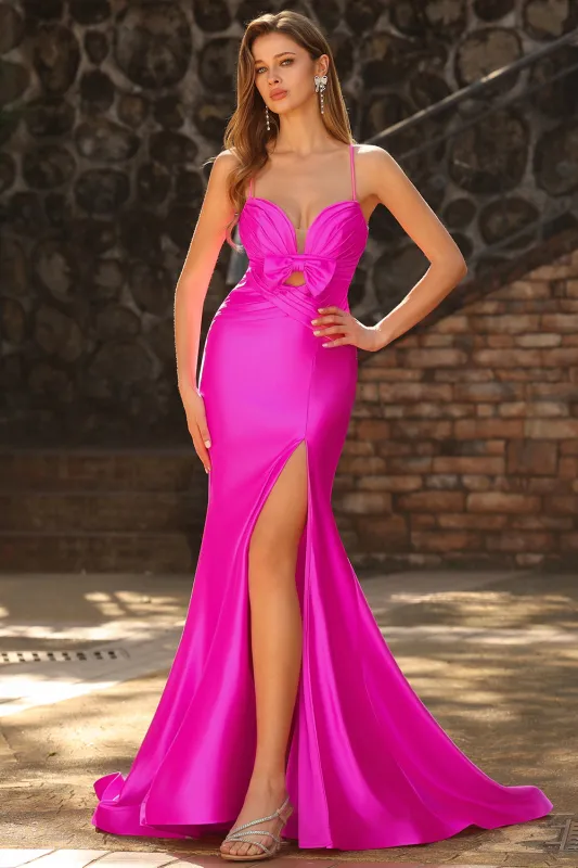 Mermaid Fuchsia Satin Cut Out Ruched Long Prom Dress with Slit made by Wedtrend