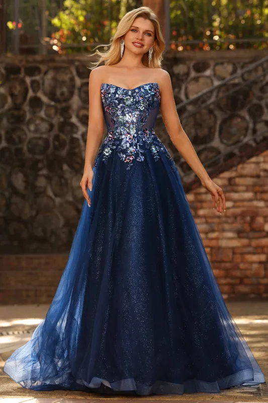 Strapless Navy A-Line Corset Embroidered Tulle Long Prom Dress with Sequins made by Wedtrend