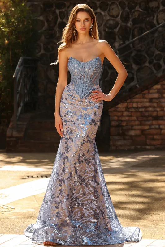 Grey Blue Mermaid Strapless Sequin Corset Long Prom Dress made by Wedtrend