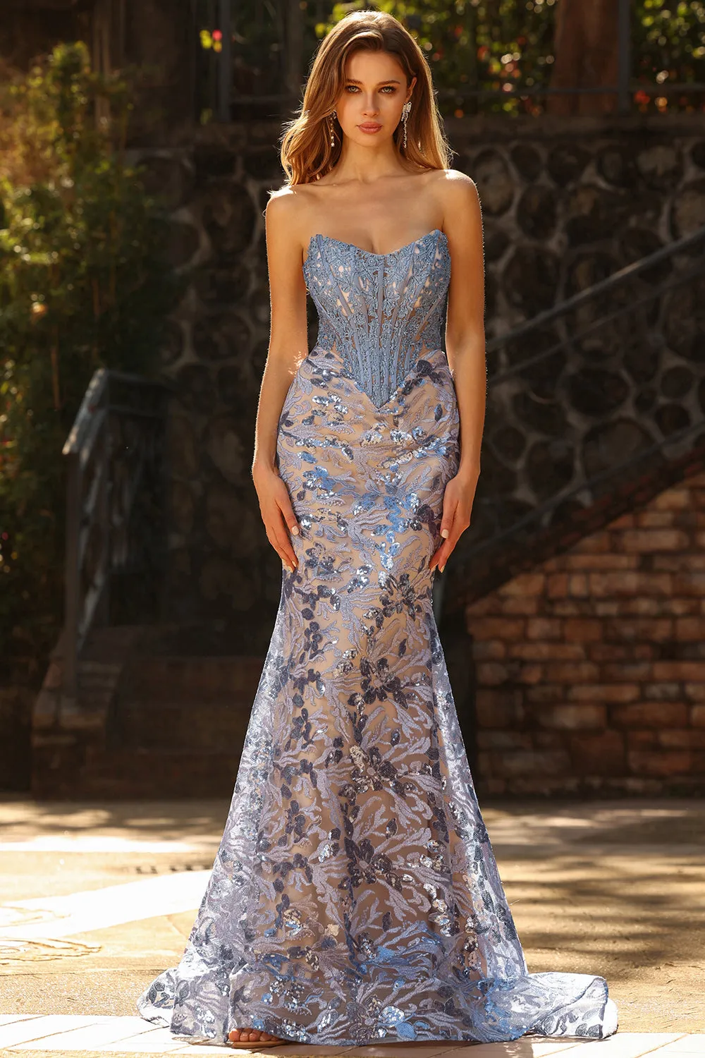 Grey Blue Mermaid Strapless Sequin Corset Long Prom Dress sold by Wedtrend product image thumbnail 4