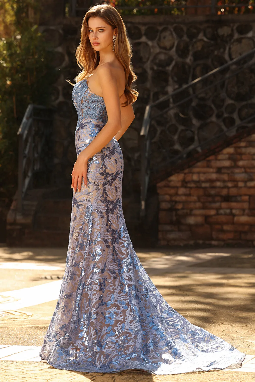 Grey Blue Mermaid Strapless Sequin Corset Long Prom Dress sold by Wedtrend product image thumbnail 5