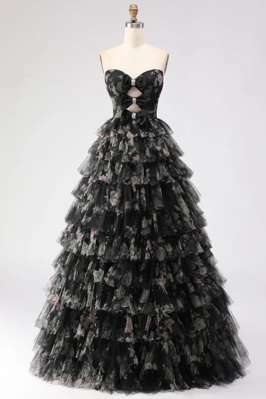 Strapless Black A Line Cut Out Tiered Ruffle Long Prom Dress with Bows made by Wedtrend