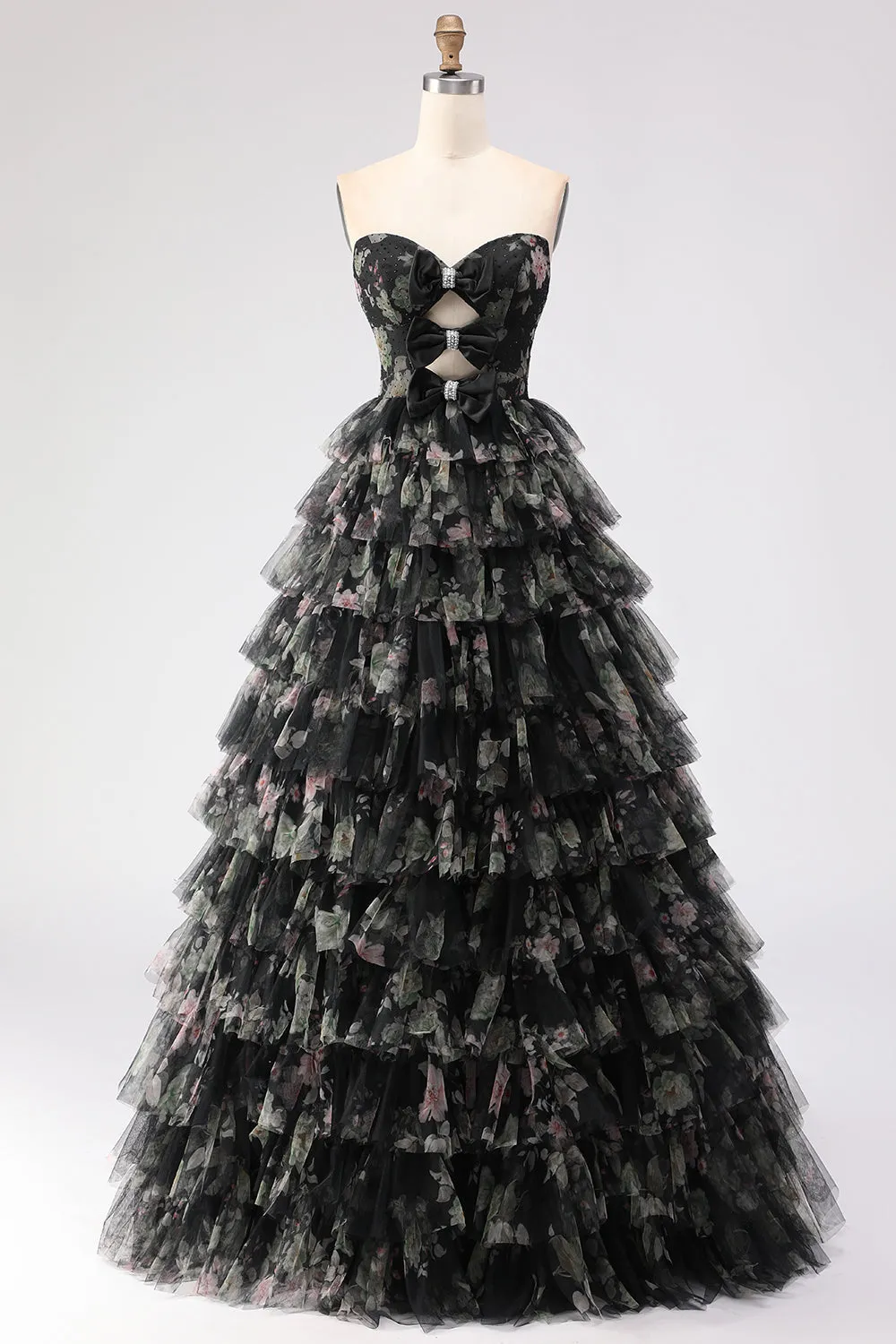 Strapless Black A Line Cut Out Tiered Ruffle Long Prom Dress with Bows sold by Wedtrend