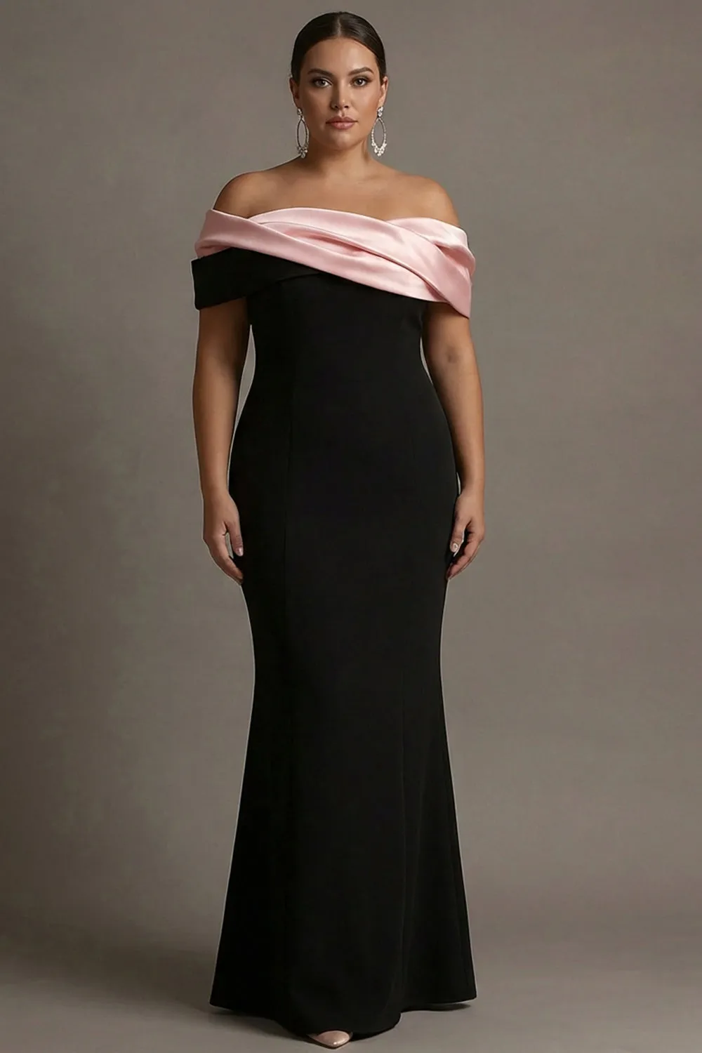 Black and Pink Off the Shoulder Mermaid Satin Long Plus Size Prom Dress sold by Wedtrend