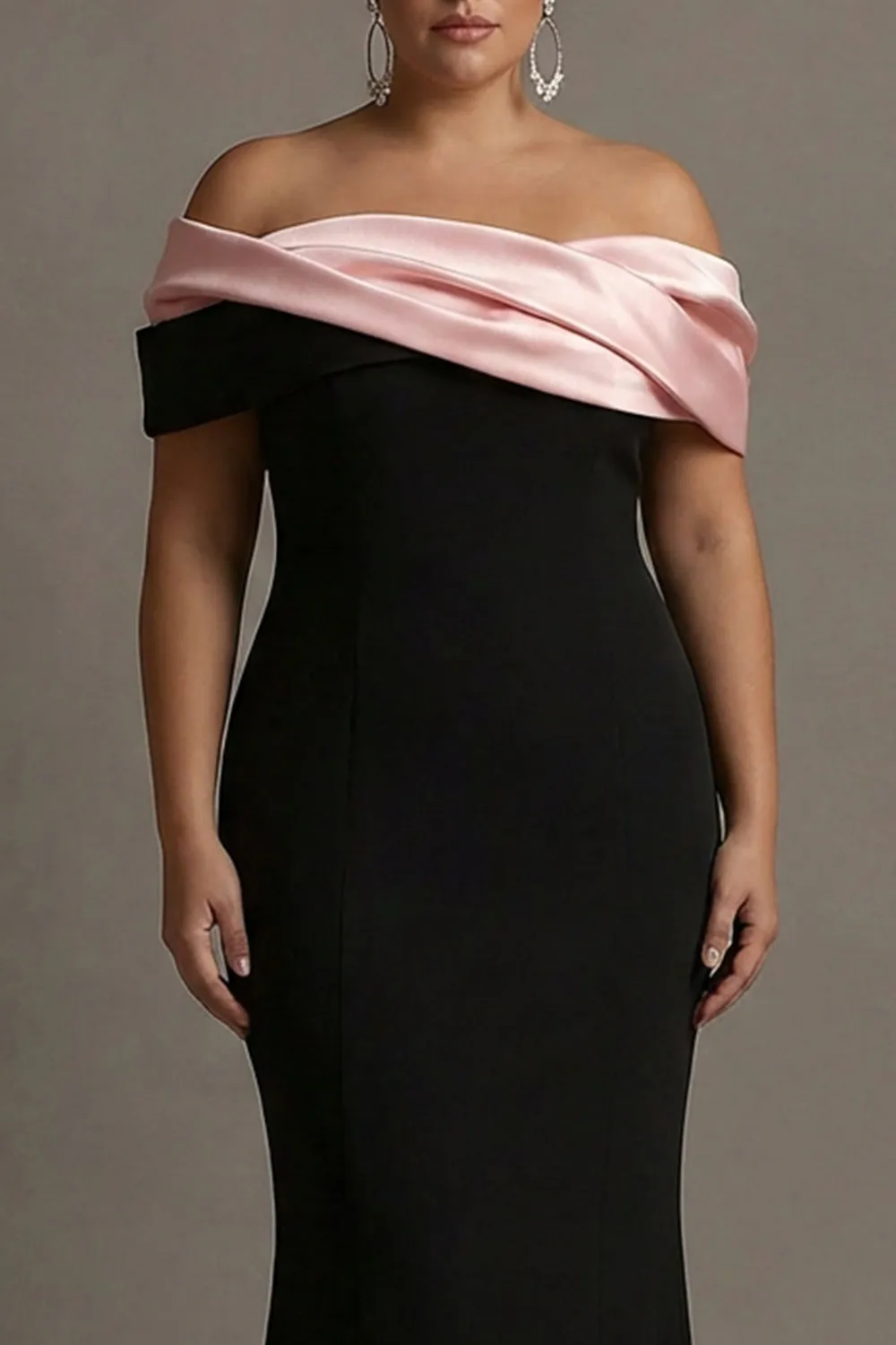 Black and Pink Off the Shoulder Mermaid Satin Long Plus Size Prom Dress sold by Wedtrend product image thumbnail 3