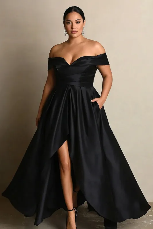 Off the Shoulder A Line Black Plus Size Formal Dress with Slit made by Wedtrend