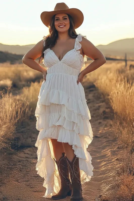 Ivory A Line Tiered Ruffle High Low Plus Size Engagement Dress sold by Wedtrend