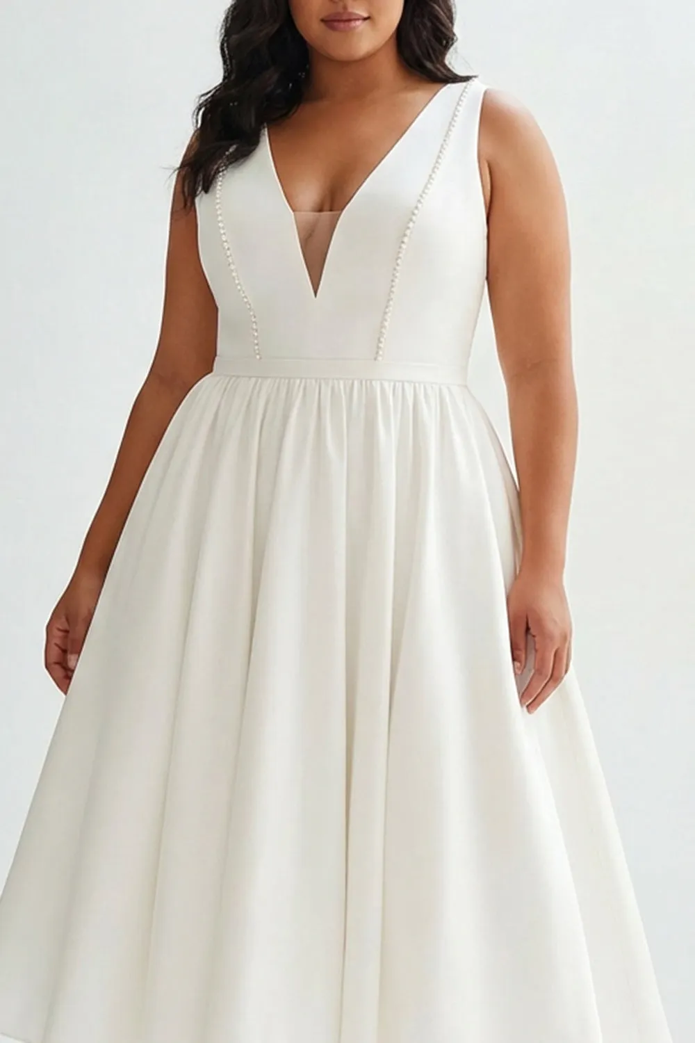 White A Line V Neck Midi Plus Size Graduation Dress with Pearls sold by Wedtrend product image thumbnail 3