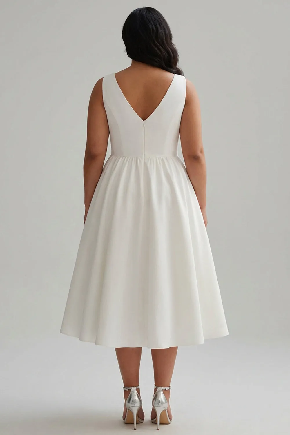 White A Line V Neck Midi Plus Size Graduation Dress with Pearls sold by Wedtrend product image thumbnail 2
