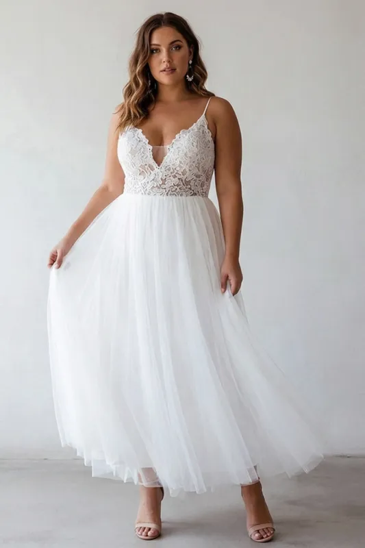 White Lace Tulle A Line Tea Length Plus Size Graduation Dress made by Wedtrend