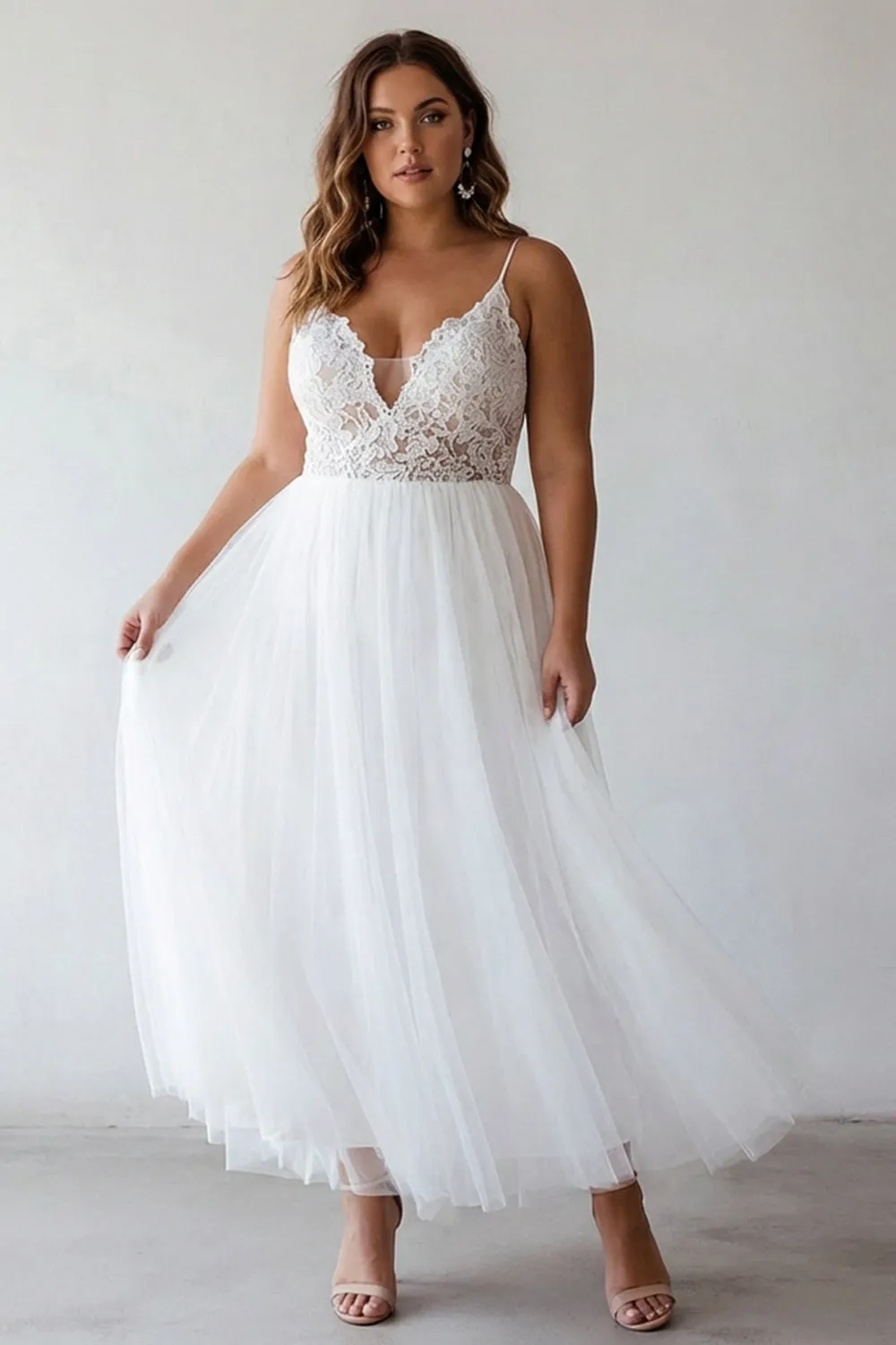 White Lace Tulle A Line Tea Length Plus Size Graduation Dress sold by Wedtrend