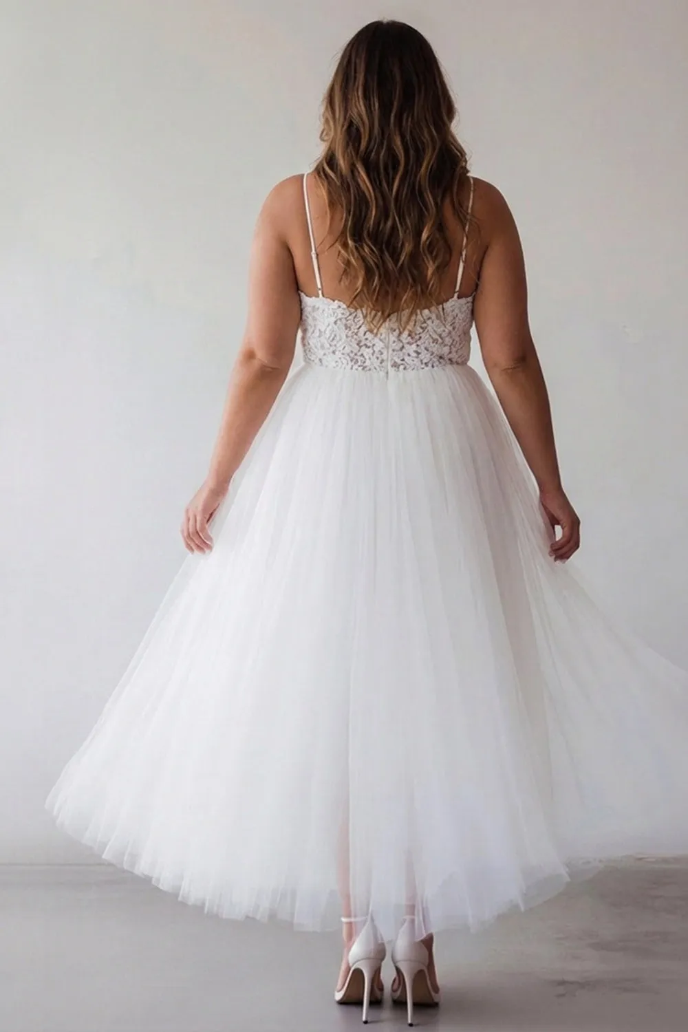 White Lace Tulle A Line Tea Length Plus Size Graduation Dress sold by Wedtrend product image thumbnail 2