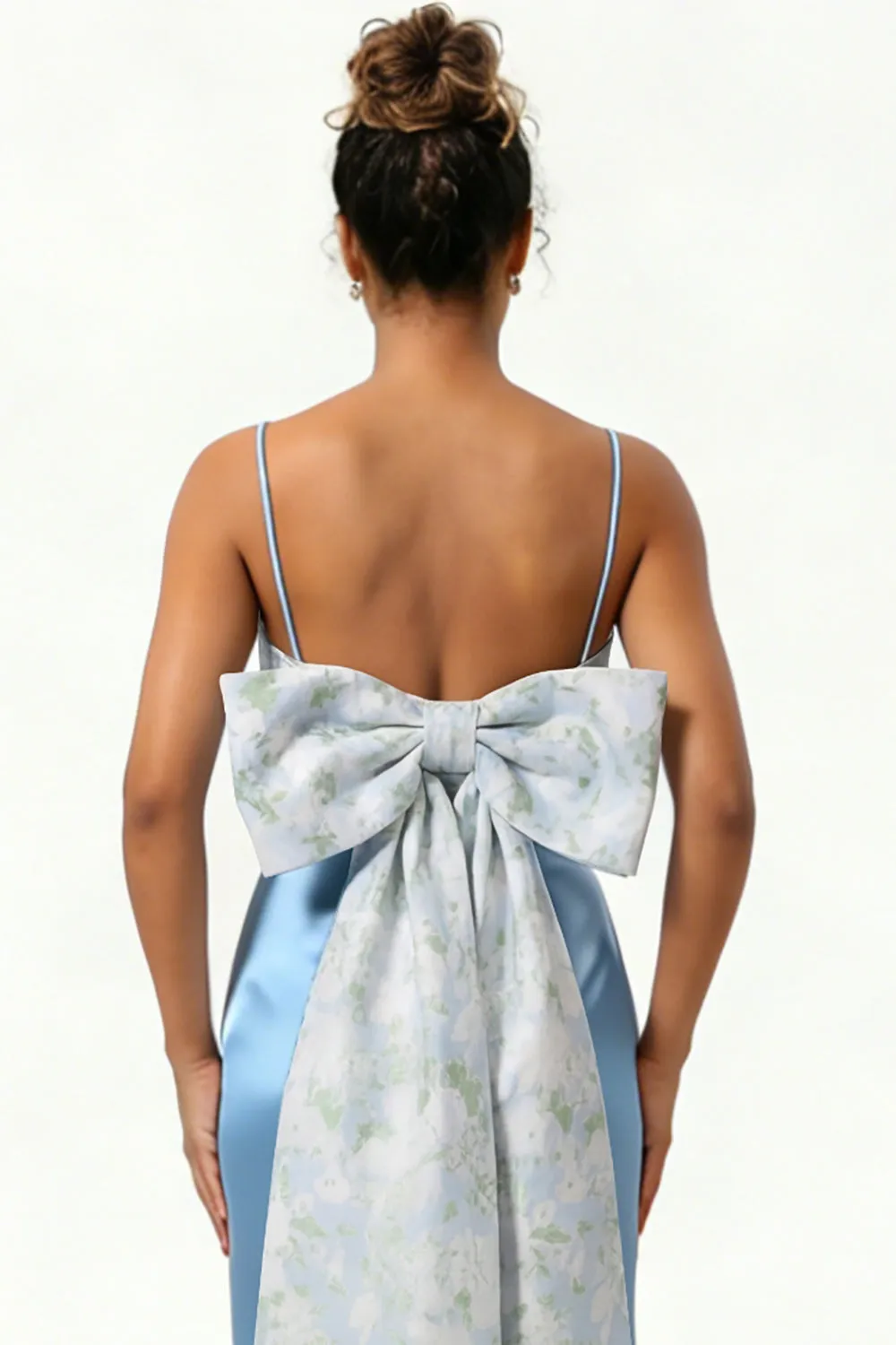 Blue Floral Spaghetti Straps Mermaid Satin Bridesmaid Dress with Bow sold by Wedtrend product image thumbnail 4