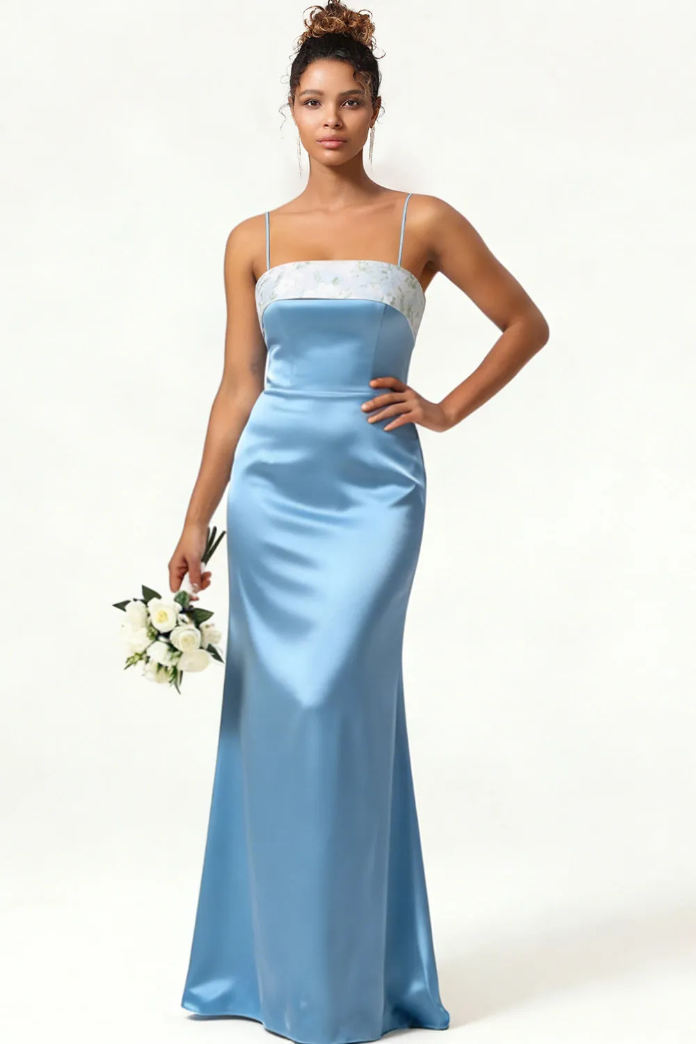 Blue Floral Spaghetti Straps Mermaid Satin Bridesmaid Dress with Bow sold by Wedtrend