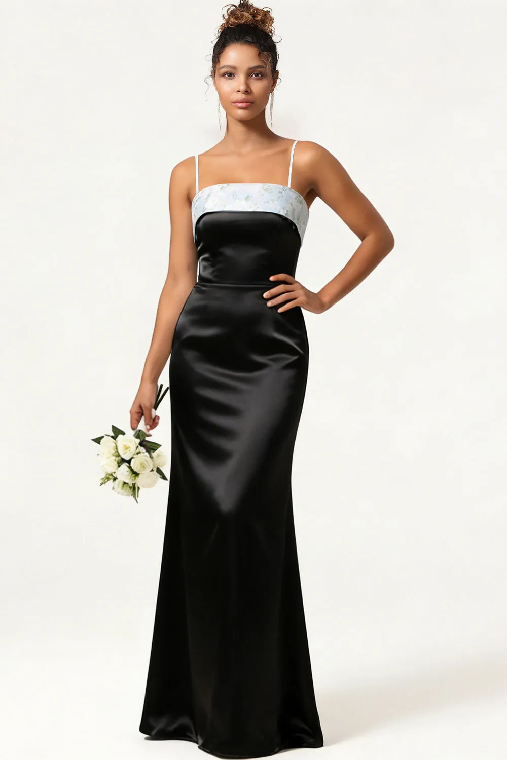 Blue Floral Spaghetti Straps Mermaid Satin Bridesmaid Dress with Bow sold by Wedtrend product image thumbnail 5