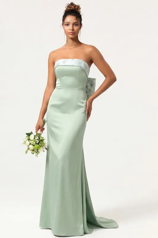 Green Strapless Mermaid Long Bridesmaid Dress with Bow made by Wedtrend