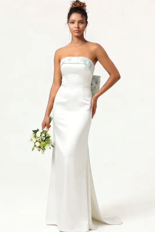 White Green Strapless Mermaid Long Wedding Dress with Bow made by Wedtrend