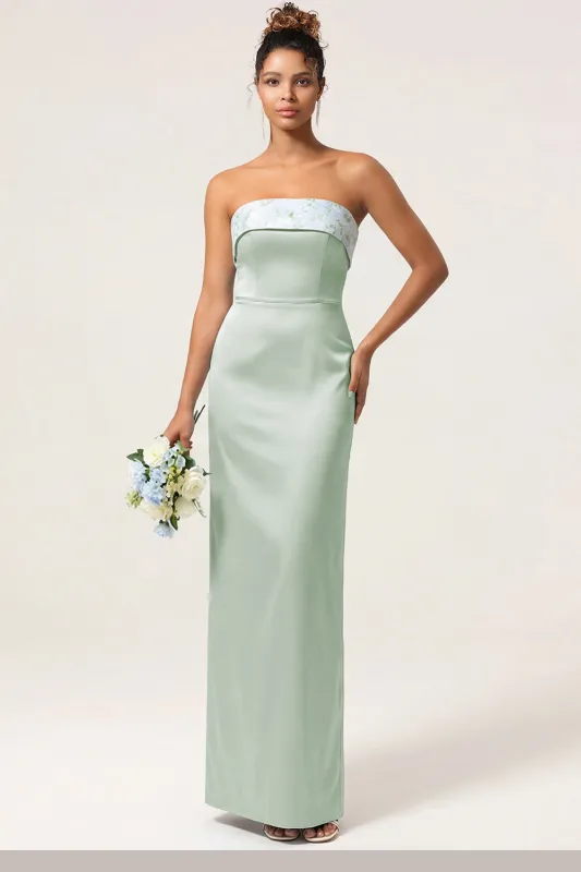 Green Flower Sheath Strapless Satin Long Bridesmaid Dress with Bow made by Wedtrend