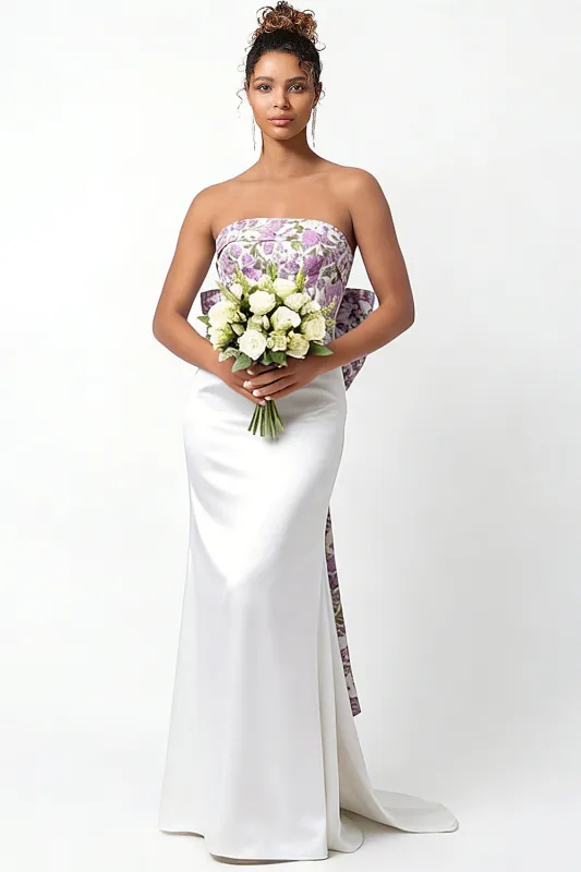 Strapless White Purple Flower Mermaid Satin Long Wedding Dress with Bow made by Wedtrend