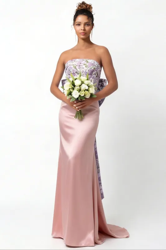 Blush Pink Flower Mermaid Strapless Satin Long Bridesmaid Dress with Bow made by Wedtrend