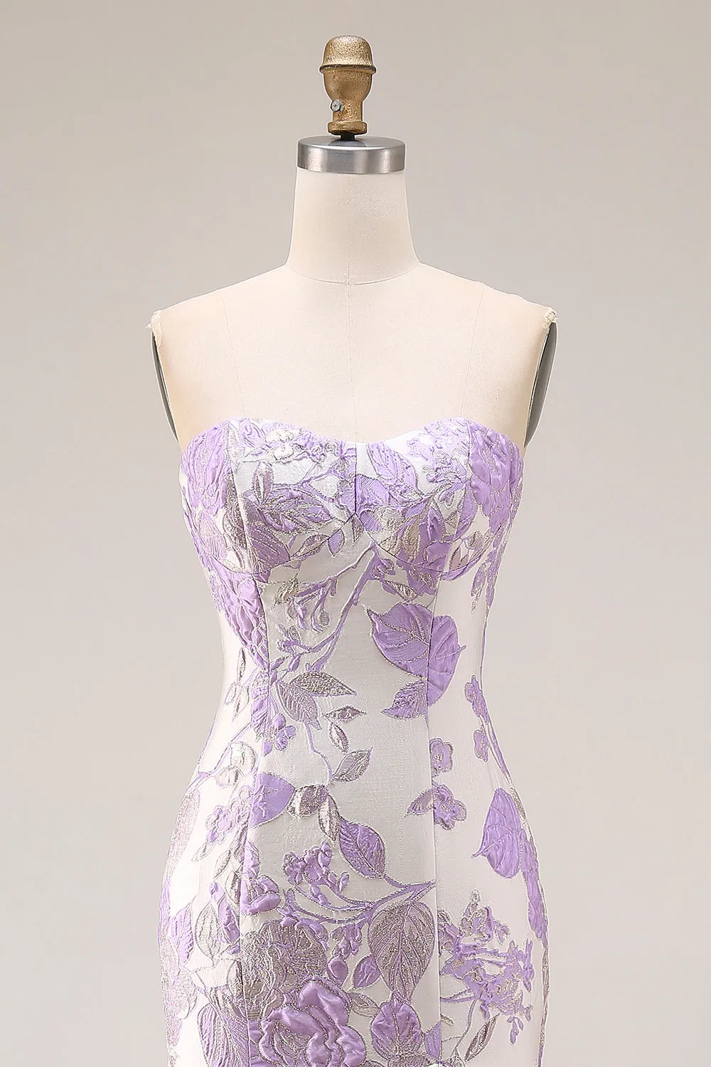 Strapless Lilac Mermaid Jacquard Floral Long Prom Dress sold by Wedtrend product image thumbnail 4
