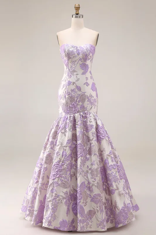 Strapless Lilac Mermaid Jacquard Floral Long Prom Dress made by Wedtrend