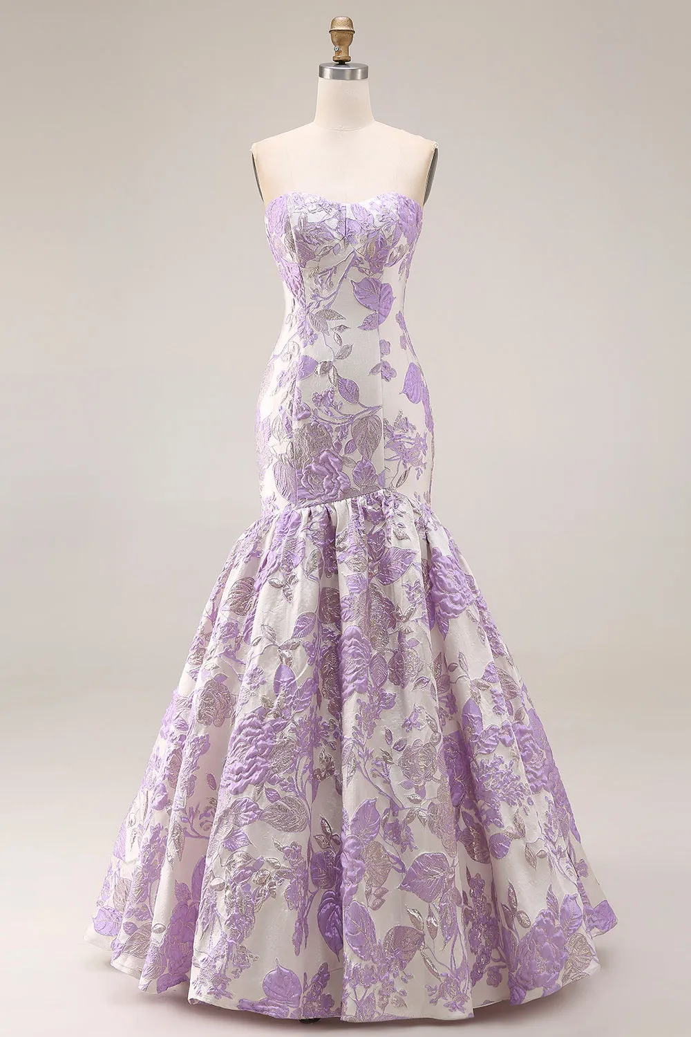 Strapless Lilac Mermaid Jacquard Floral Long Prom Dress sold by Wedtrend