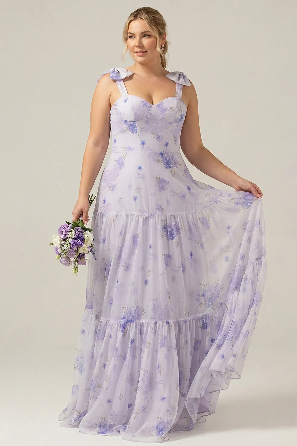 Lilac A-Line Floral Print Lace-Up Back Plus Size Wedding Party Dress with Shoulder Bows sold by Wedtrend product image thumbnail 2