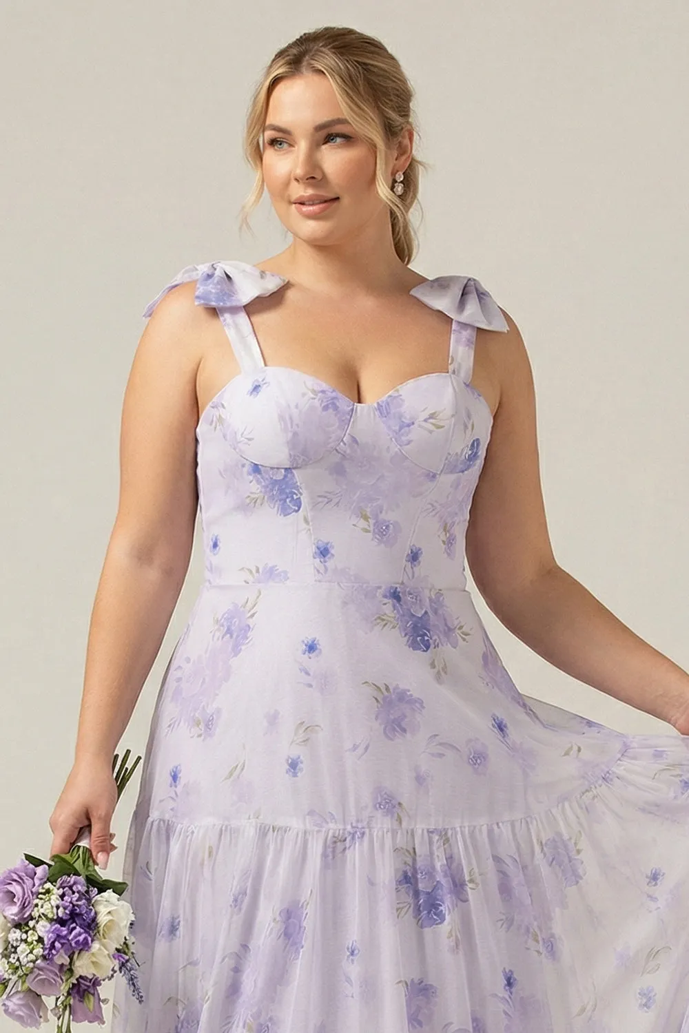 Lilac A-Line Floral Print Lace-Up Back Plus Size Wedding Party Dress with Shoulder Bows sold by Wedtrend product image thumbnail 4