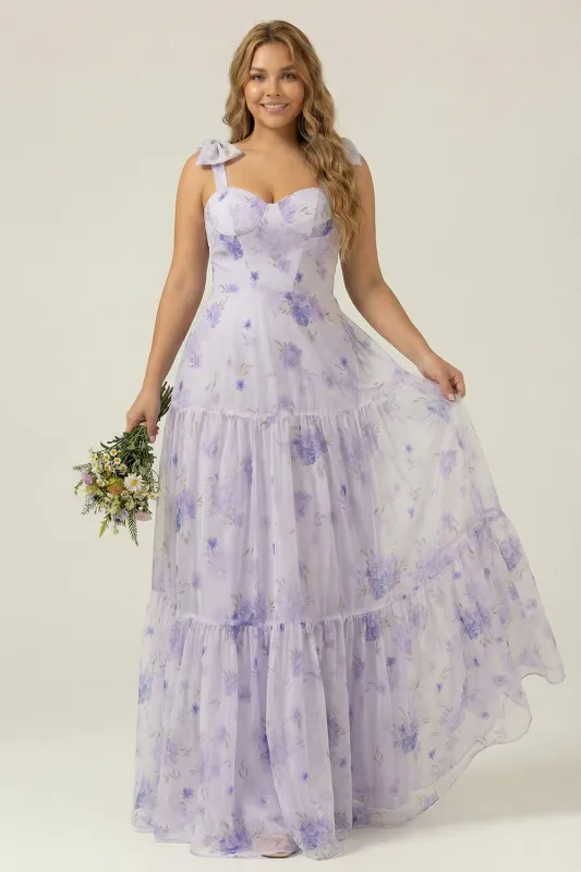 Lilac A-Line Floral Print Lace-Up Back Plus Size Wedding Party Dress with Shoulder Bows made by Wedtrend