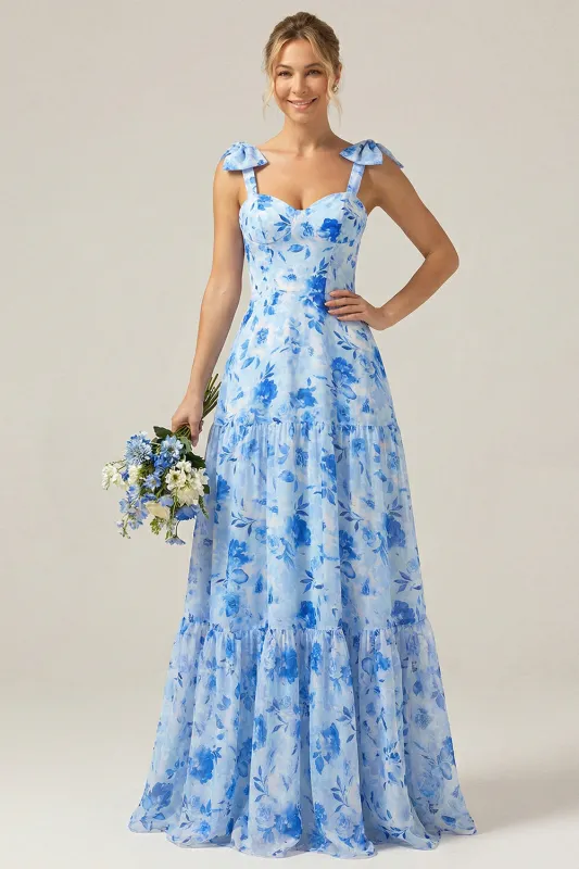 Blue A-Line Floral Print Lace-Up Back Wedding Party Dress with Shoulder Bows made by Wedtrend