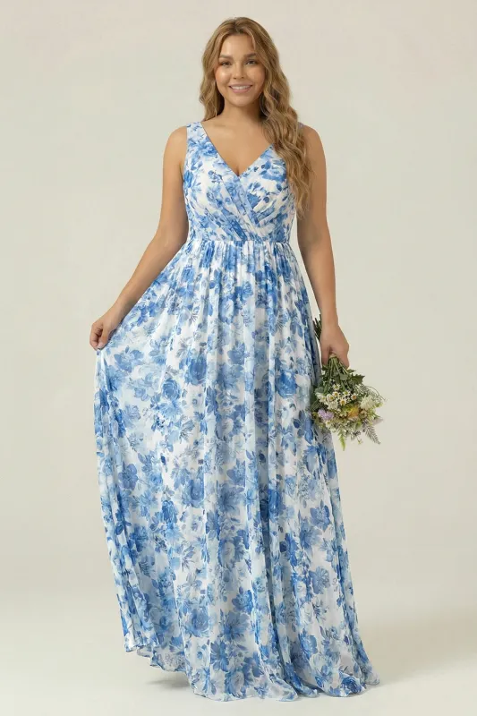 Blue Floral Printed A Line V Neck Long Bridesmaid Dress made by Wedtrend