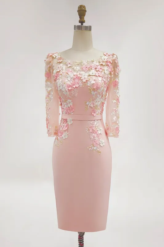 Blush Pink Sheath 3D Flower Round Neck Midi Mother of the Bride Dress with 3/4 Sleeves made by Wedtrend