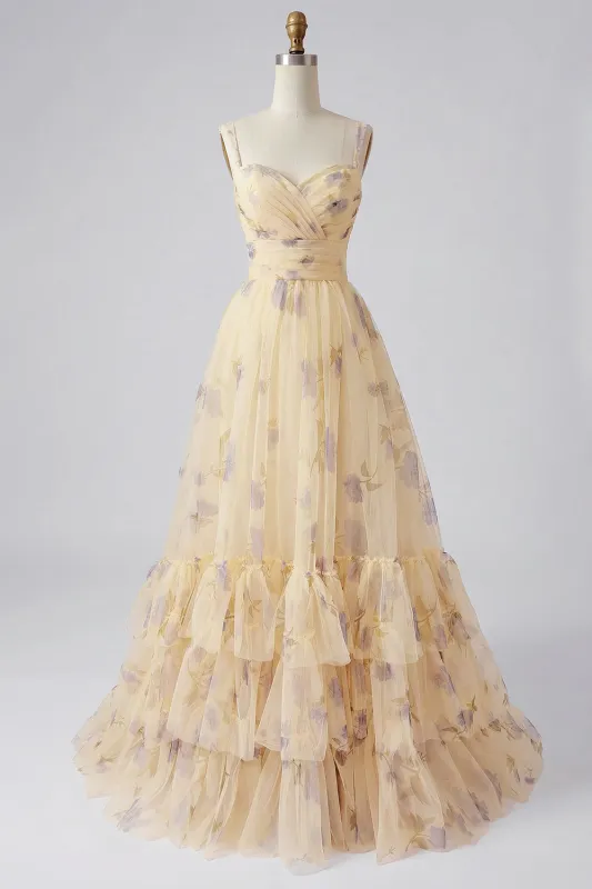 Yellow Flower A-Line Spaghetti Straps Print Tulle Long Prom Dress with Ruffles sold by Wedtrend