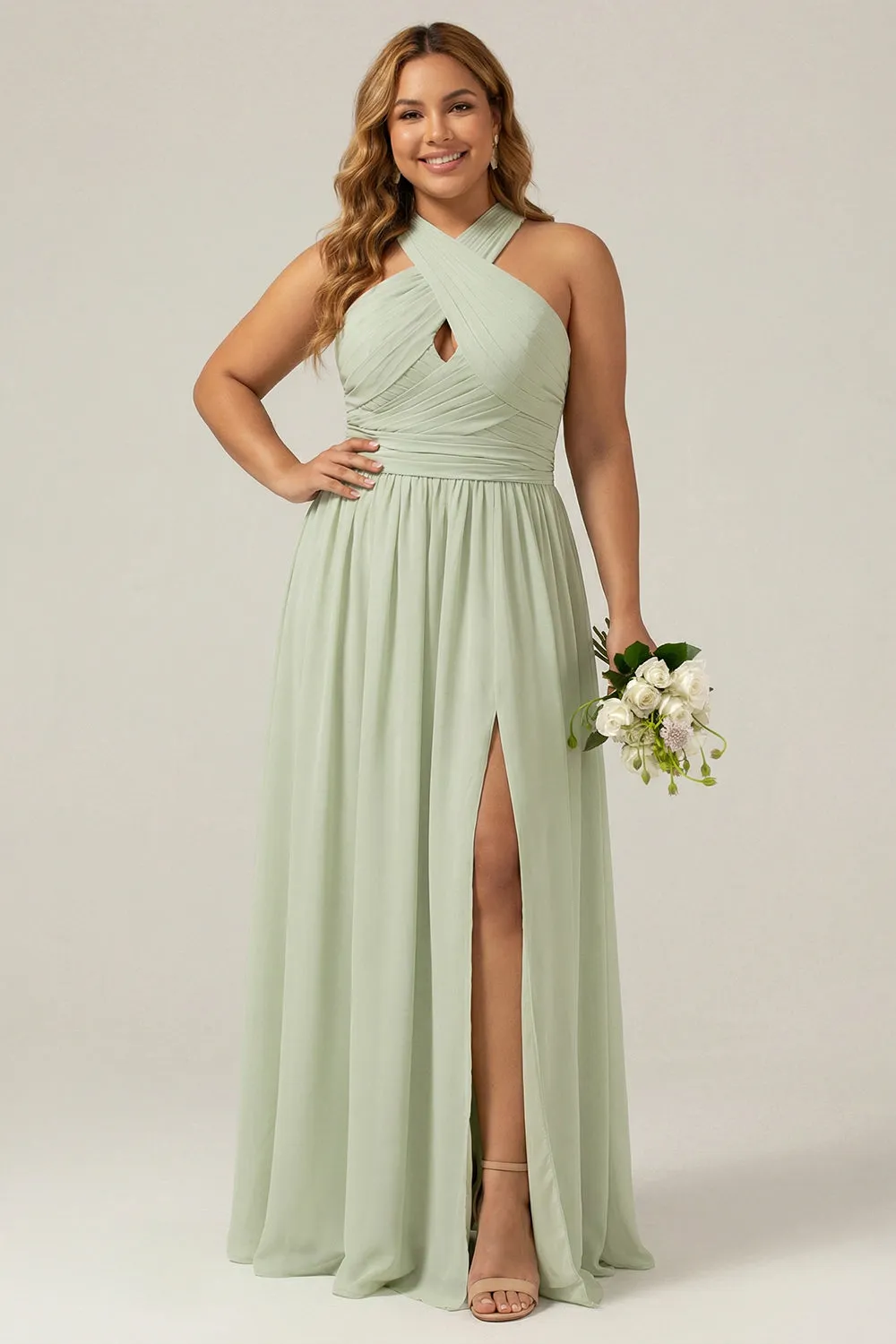 A Line Dusty Sage Halter Pleated Long Maternity Plus Size Bridesmaid Dress with Slit sold by Wedtrend