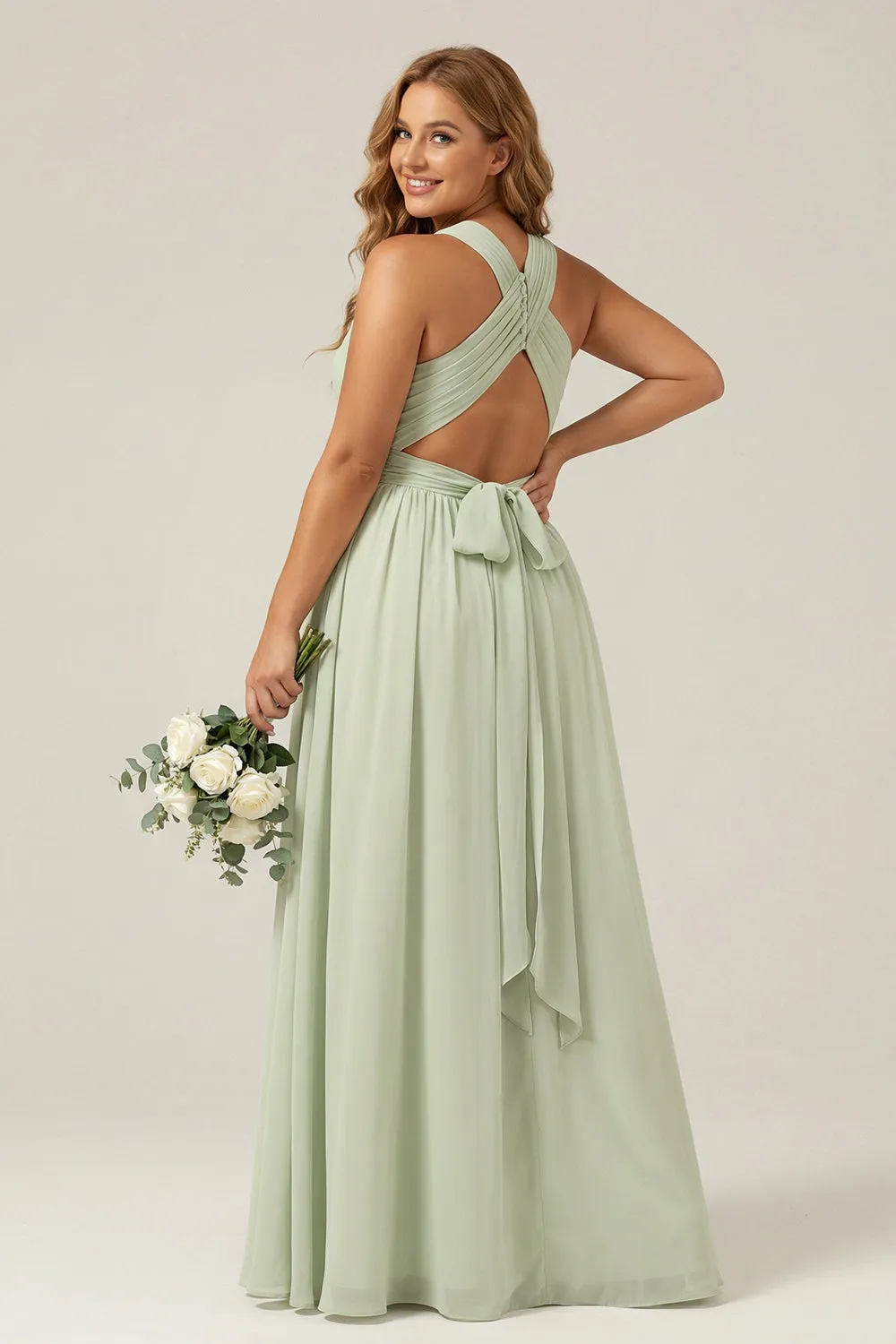 A Line Dusty Sage Halter Pleated Long Maternity Plus Size Bridesmaid Dress with Slit sold by Wedtrend product image thumbnail 2