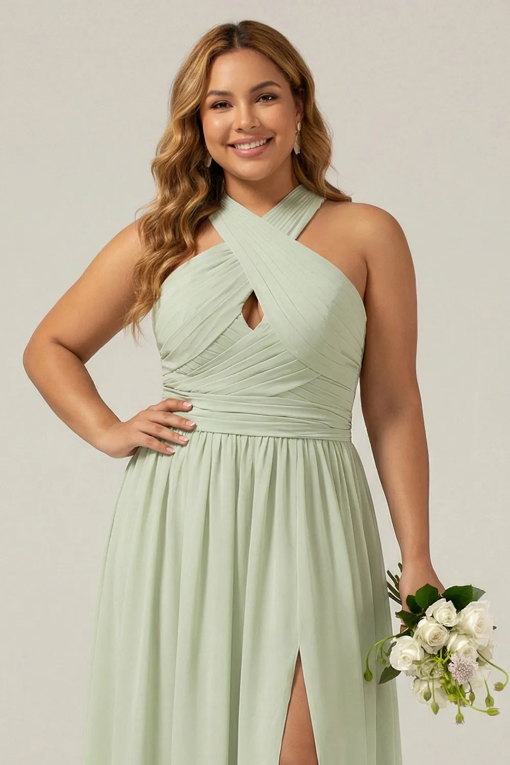 A Line Dusty Sage Halter Pleated Long Maternity Plus Size Bridesmaid Dress with Slit sold by Wedtrend product image thumbnail 3