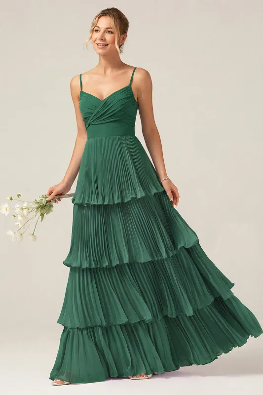 Dark Green A Line Ruched Pleated Spaghetti Straps Tiered Bridesmaid Dress made by Wedtrend